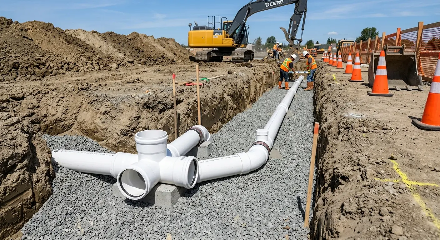 New PVC sewer pipe installation in open trench for Sewer Backup in Maili