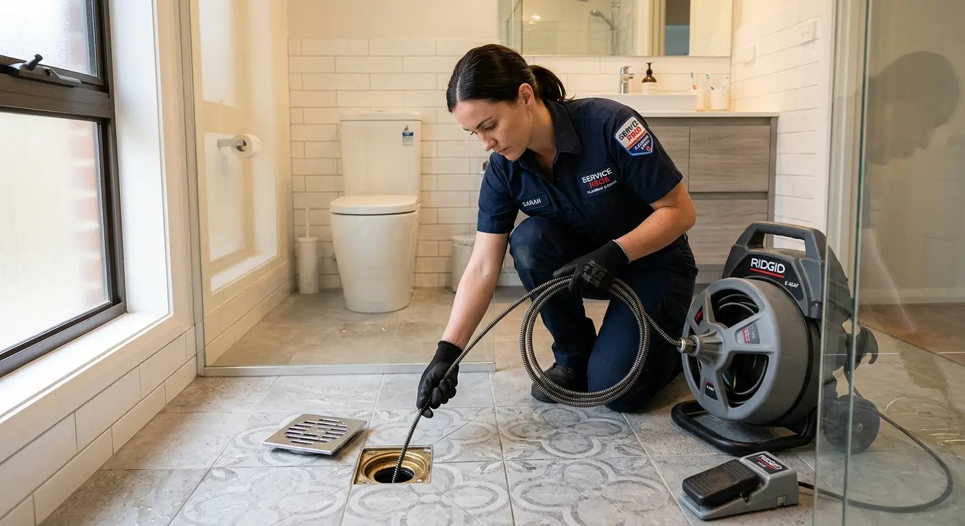 Technician clearing a bathroom floor drain for Sewer Line Installation in Maili